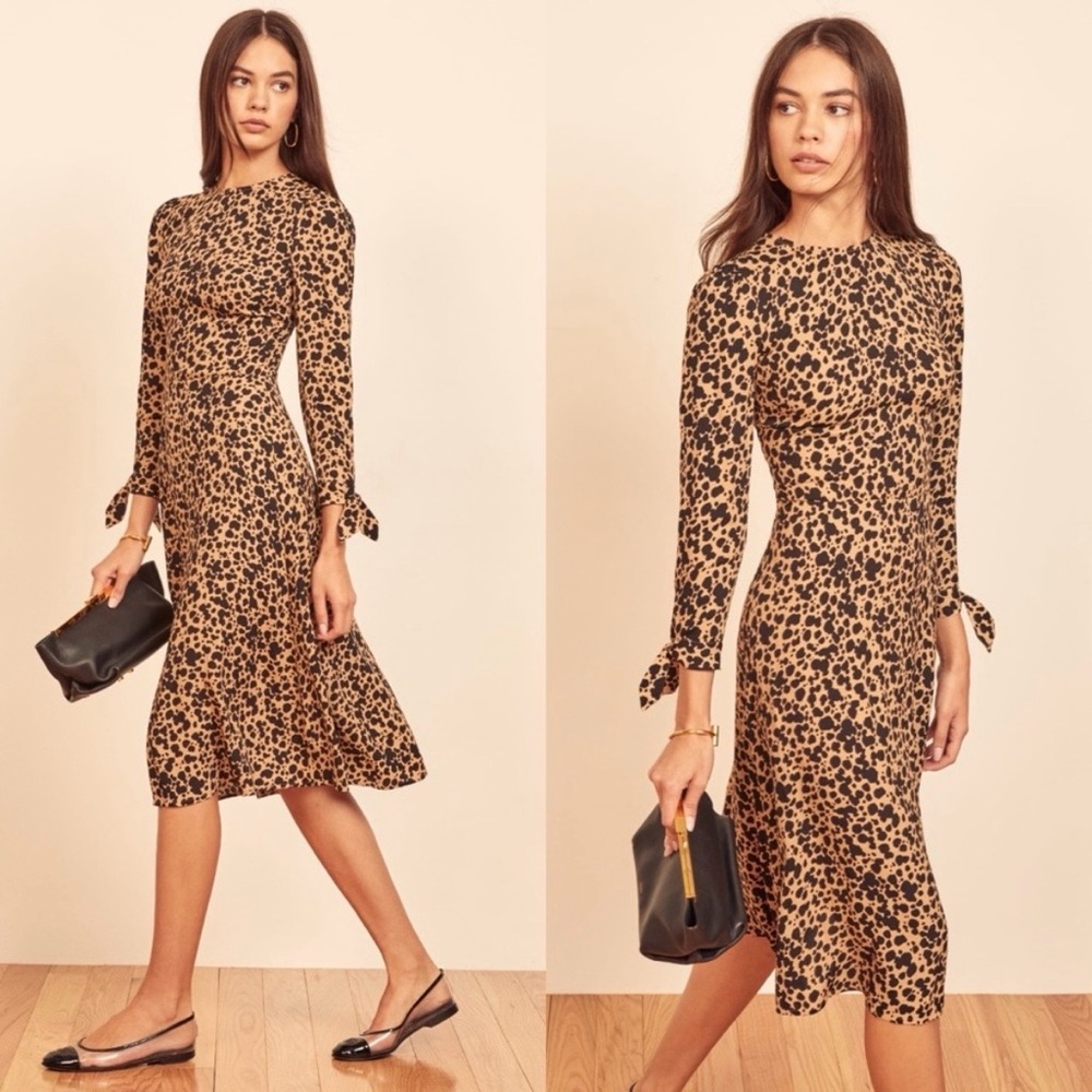 Reformation Port Dress Leopard Print Midi Women's Size 6 Brown Black